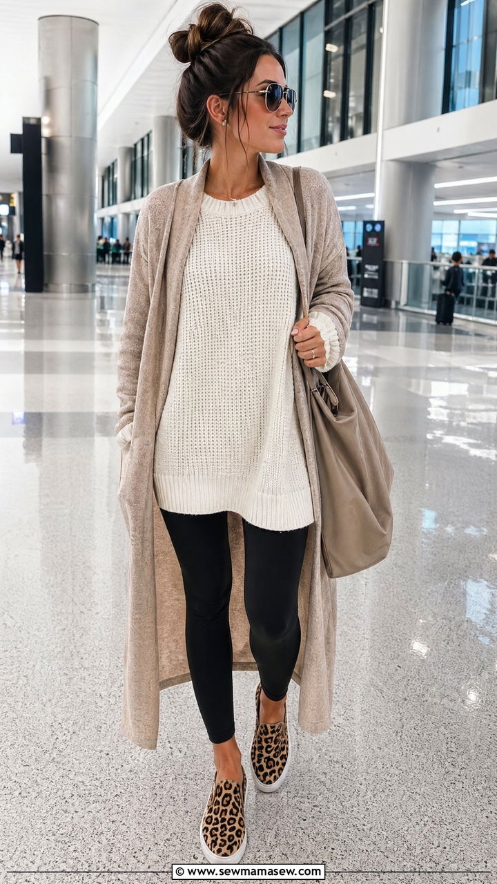 Black Leggings with an Oversized Tunic Sweater - 40 airport outfits ideas