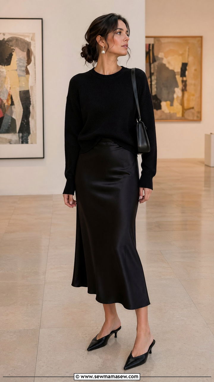 Black Lightweight Sweater With Satin Midi Skirt - 35 Spring outfits in black