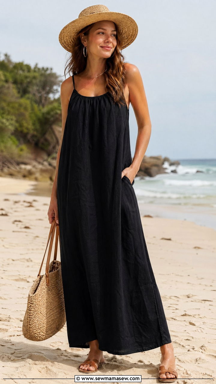 Black Linen Maxi Dress Summer Outfit - 35 summer black outfit ideas