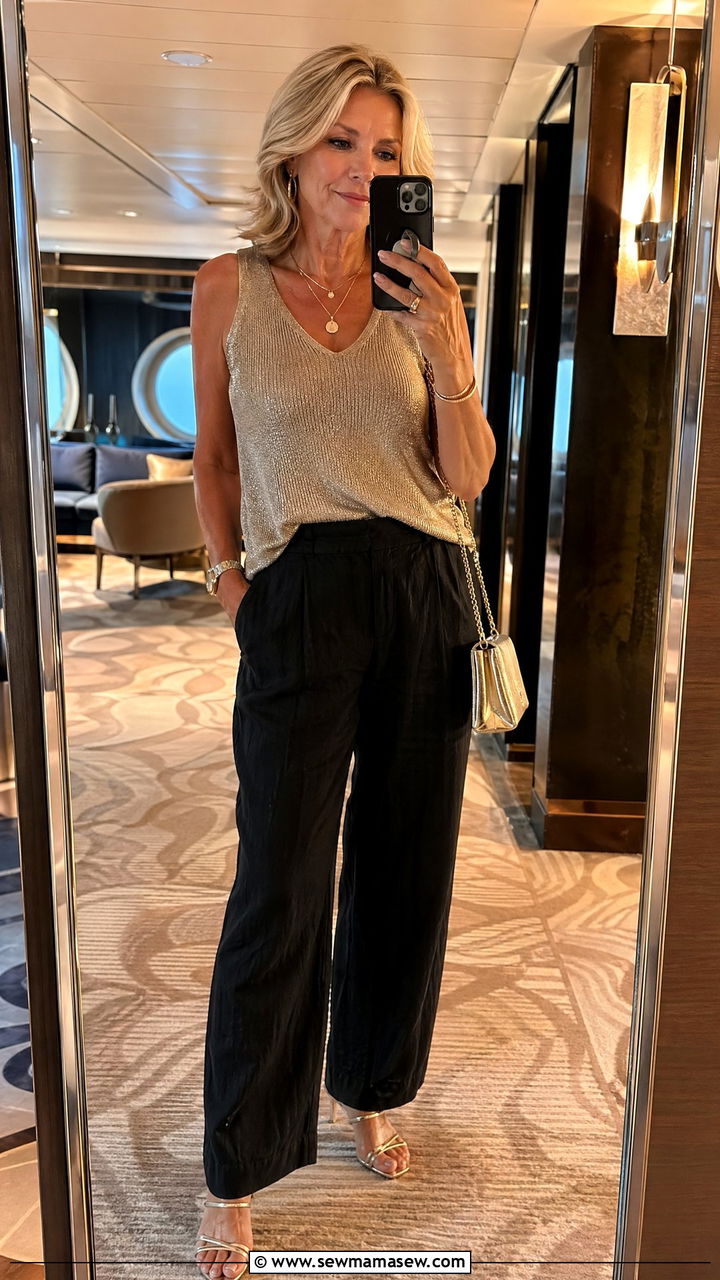 Black Linen Pants With A Metallic Top Cruise Outfit - 35 cruise outfits for women over 40