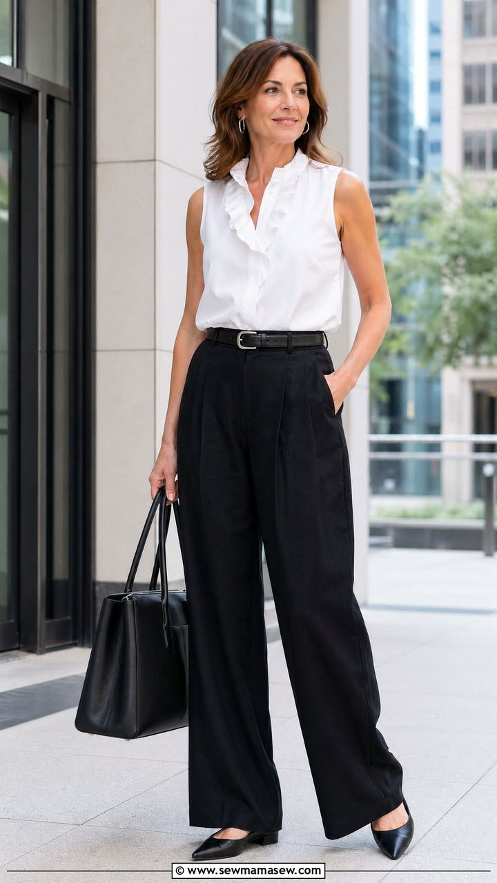 Black Linen Trousers And White Sleeveless Blouse Outfit - 35 Summer capsule wardrobe for women over 40