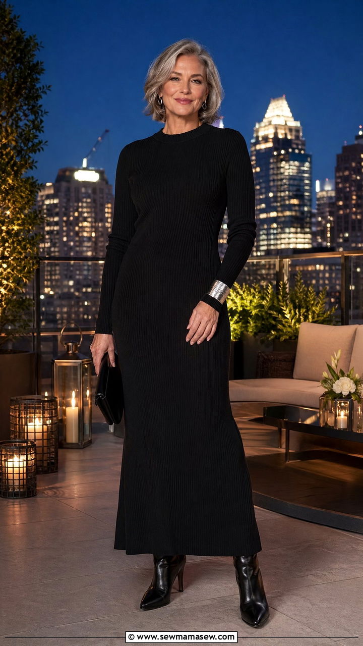 Black Long Sleeve Knit Maxi Dress with Sleek Ankle Boots - 35 Classy outfits for mature women