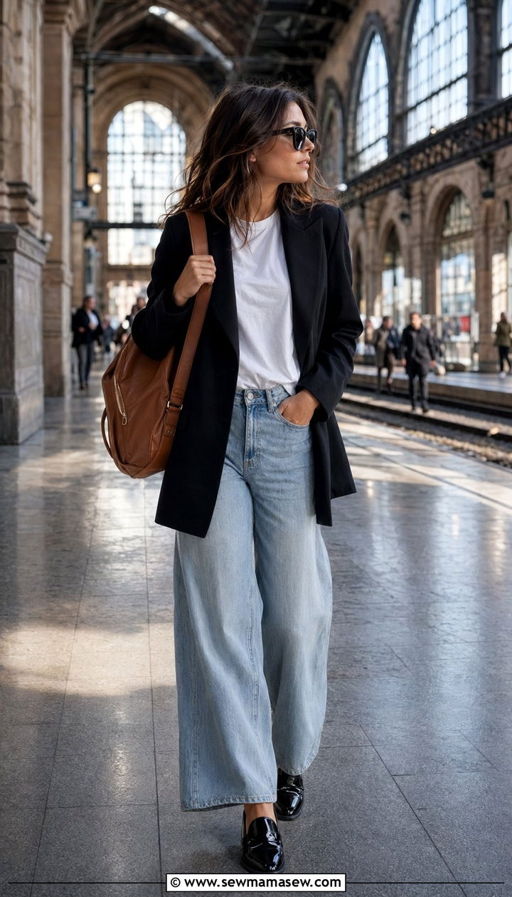 Black Longline Blazer with White Tee and Wide Leg Jeans - 35 Paris outfits ideas