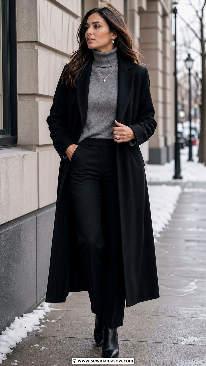 Black Longline Coat with Grey Cashmere Turtleneck Outfit - 35 classy quiet luxury outfit ideas