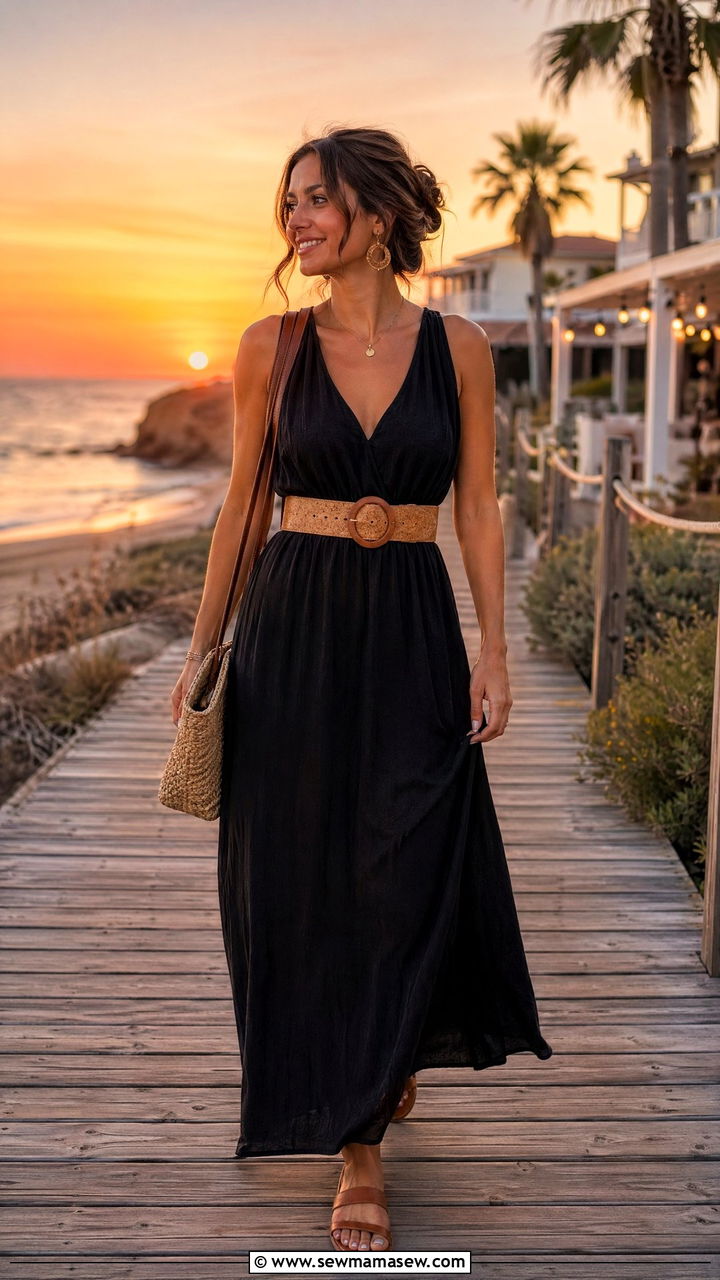 Black Maxi Dress With A Cork Waist Belt And Flat Sandals - 35 Cork outfit ideas
