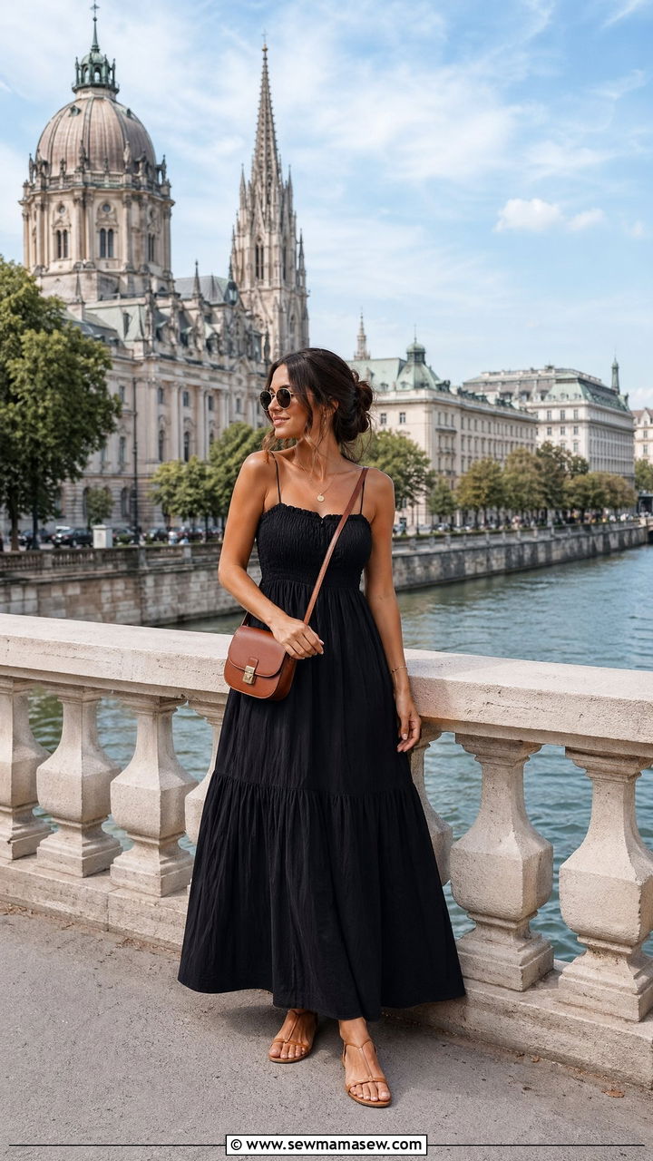 Black Maxi Dress With Brown Crossbody Bag And Flat Sandals - 35 Vienna outfit ideas