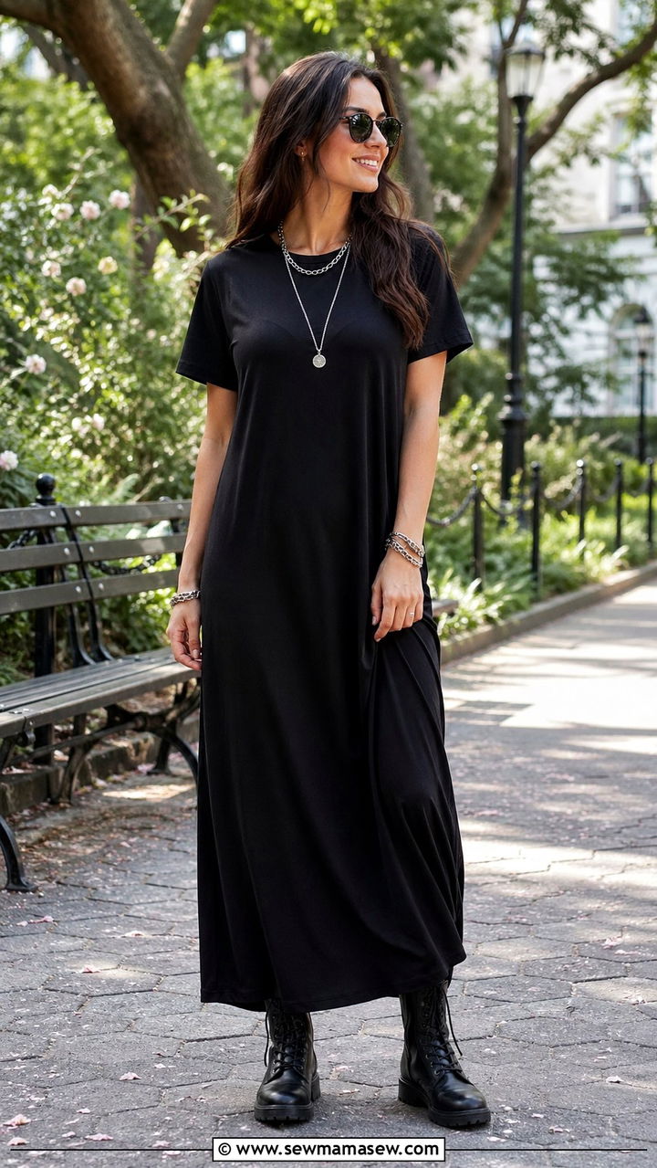 Black Maxi Dress with Combat Boots and Chain Accessories - 30 spring edgy outfit ideas