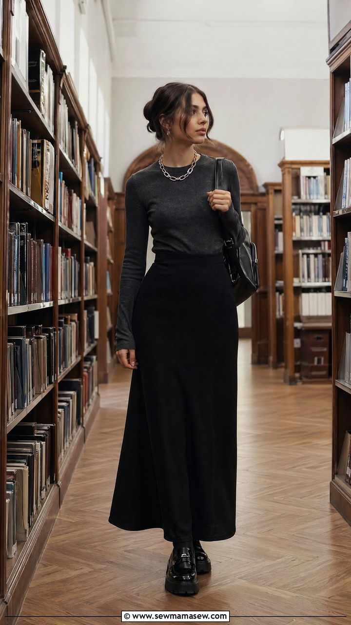 Black Maxi Skirt Outfit With Fitted Top And Loafers - 35 Dark academia outfit ideas