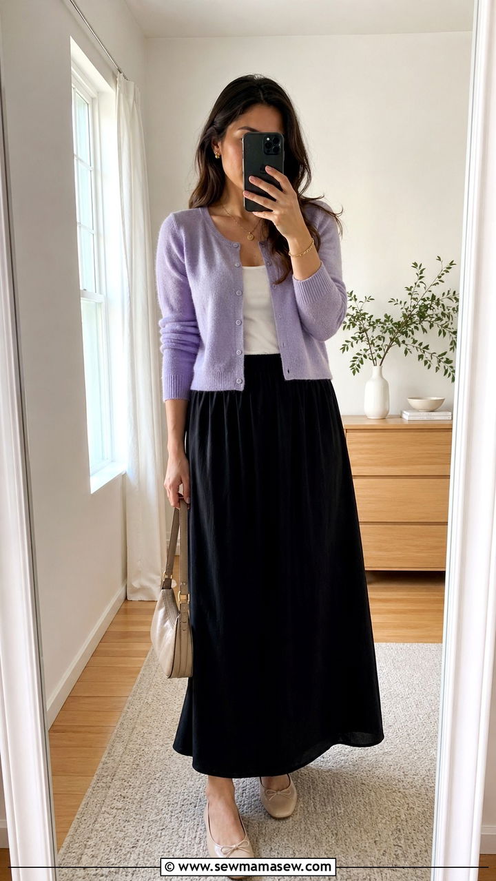 Black Maxi Skirt With Pastel Cardigan - 30 spring maxi skirt outfit ideas
