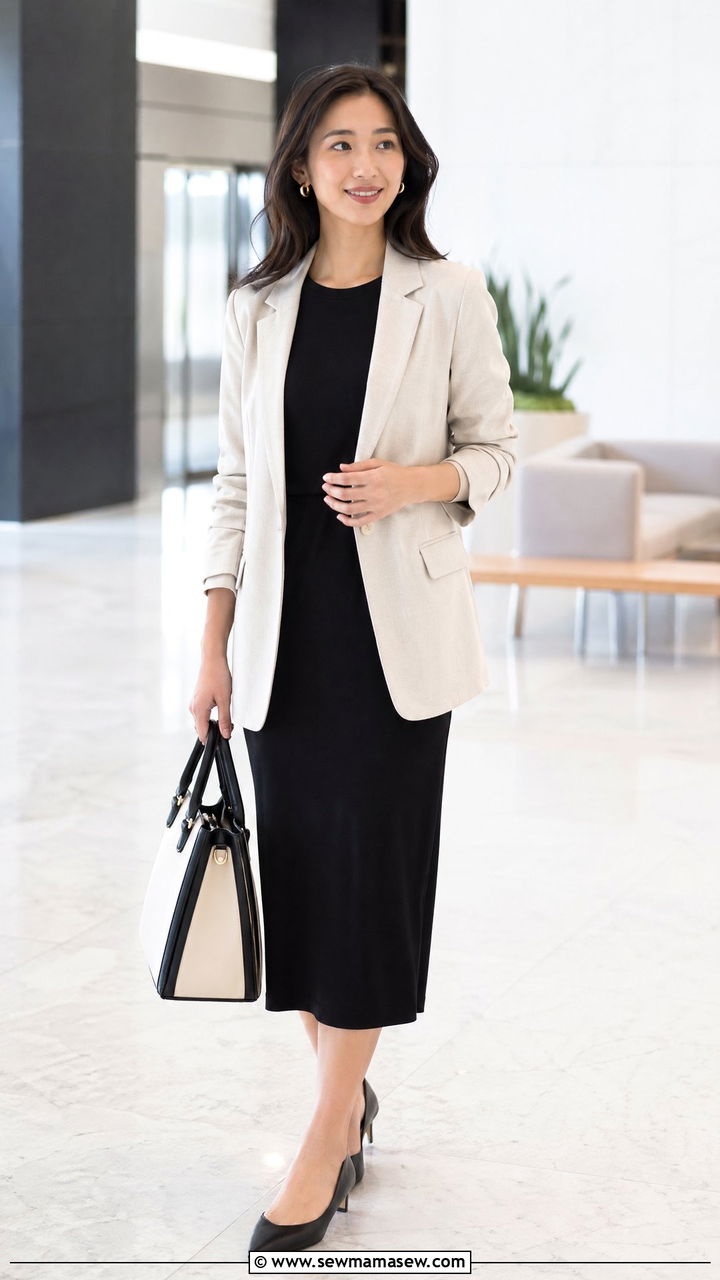 Black Midi Dress With Beige Blazer Summer Interview Outfit - 35 Summer job interview outfits