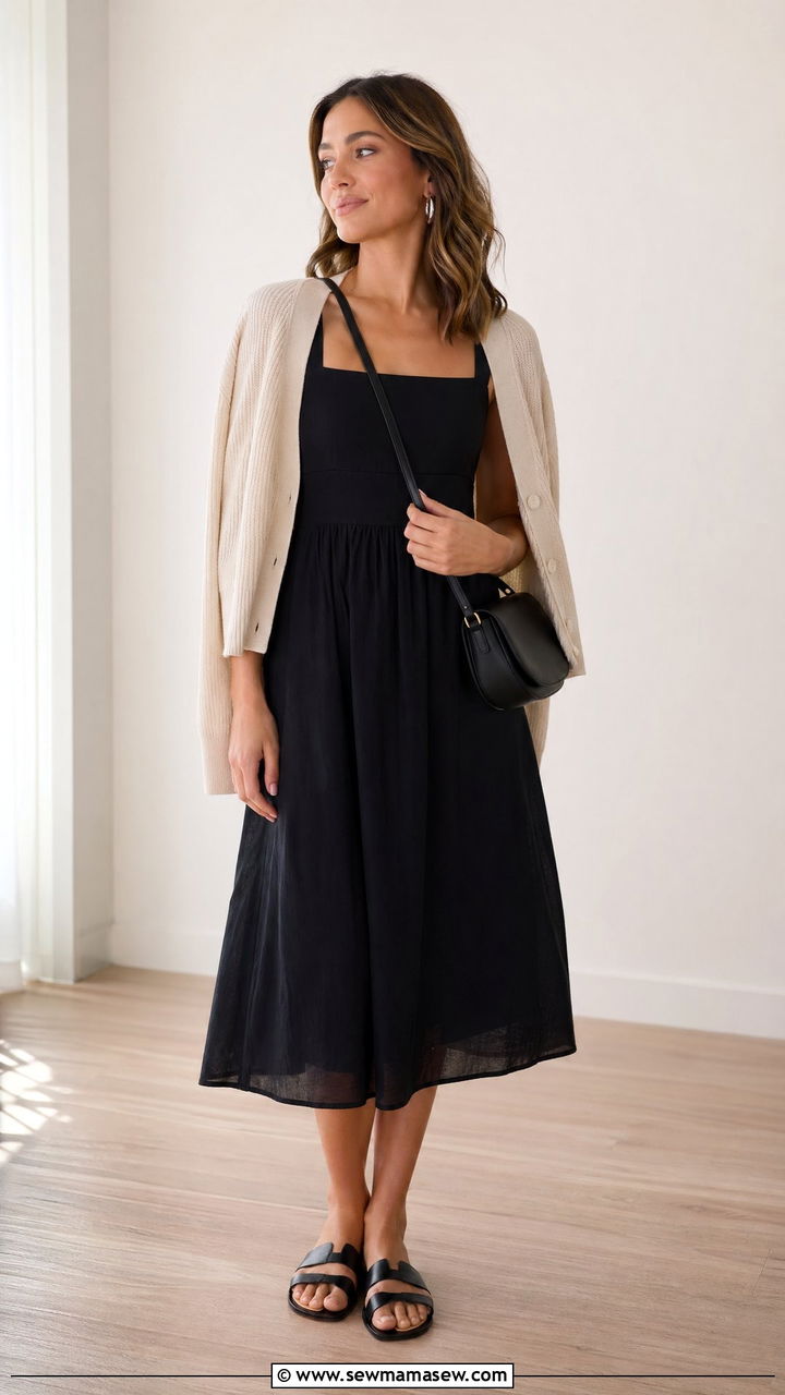 Black Midi Dress With Flat Sandals And A Lightweight Cardigan - 35 summer capsule wardrobe outfits