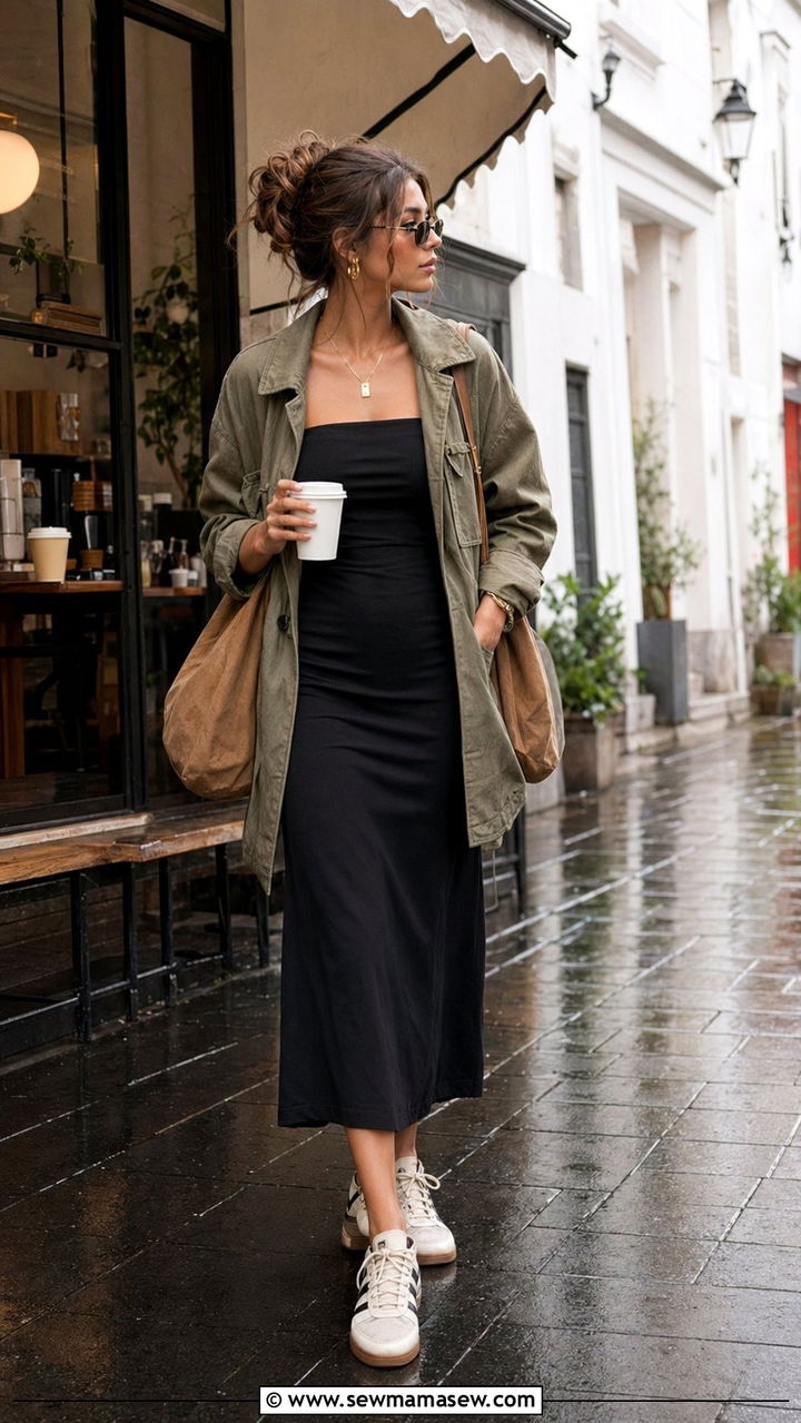 Black Midi Dress With Khaki Jacket Outfit - 35 Rainy spring outfits