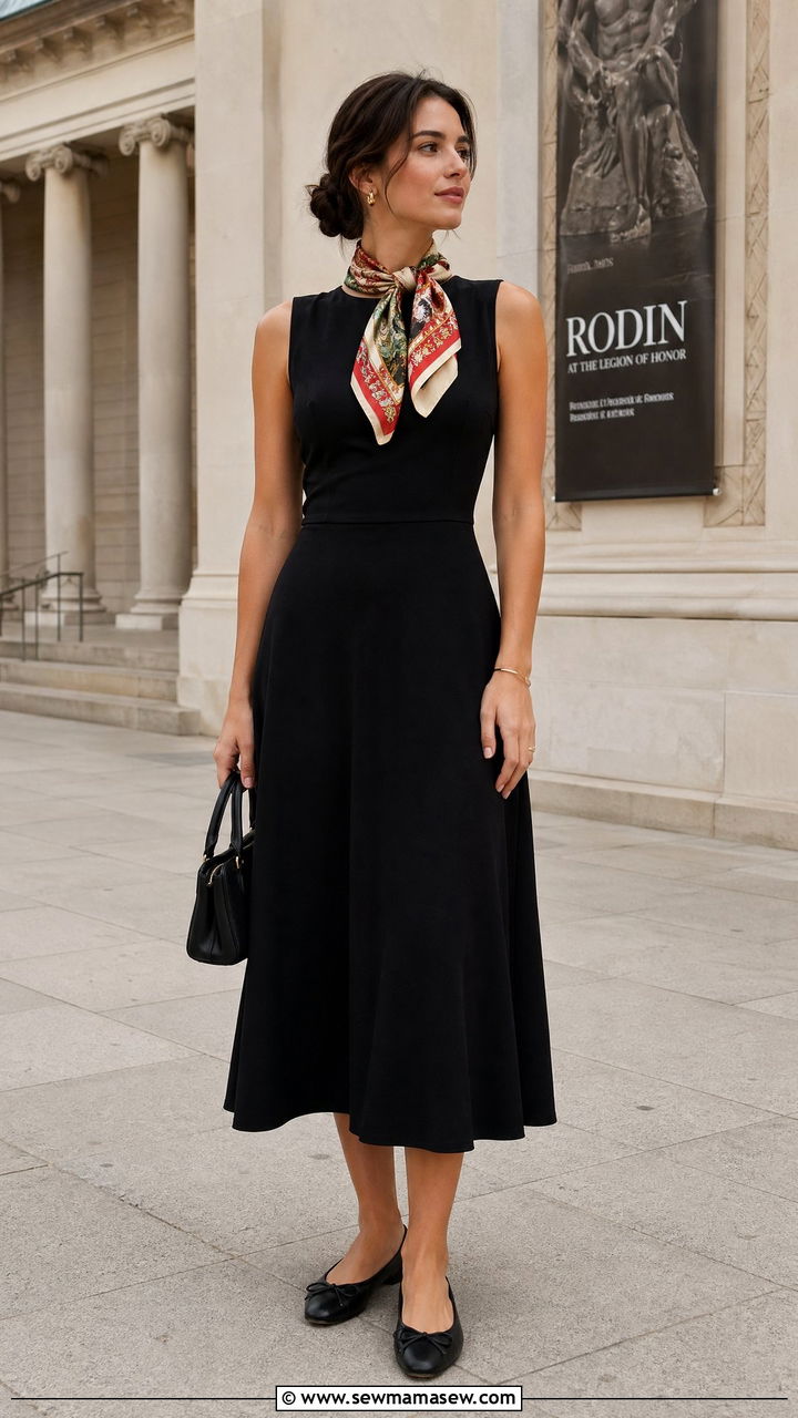 Black Midi Dress With a Colorful Silk Scarf and Ballet Flats - 35 Summer to fall transition outfits