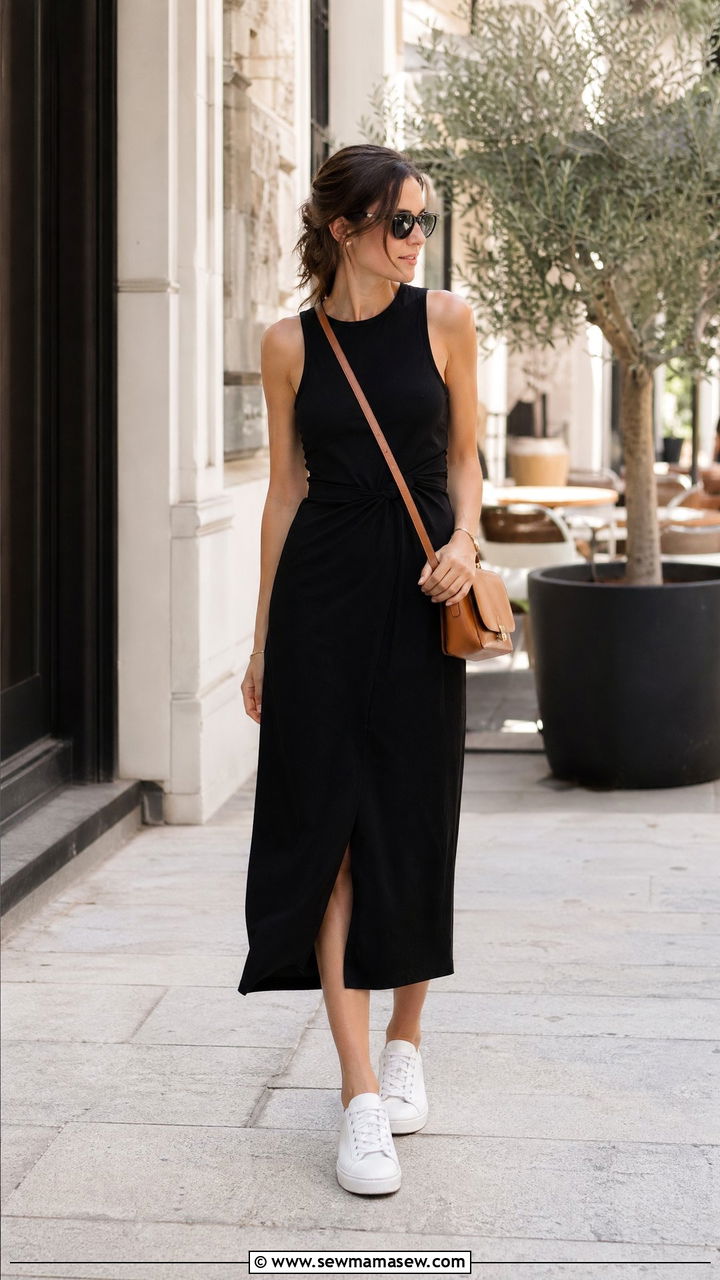 Black Midi Dress and White Sneakers - 35 spring minimalist outfit ideas