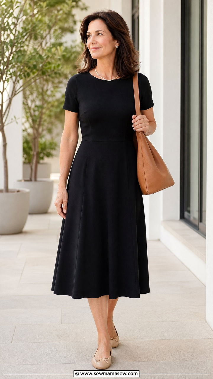 Black Midi Dress with Ballet Flats - 35 Chic outfits for women over 40