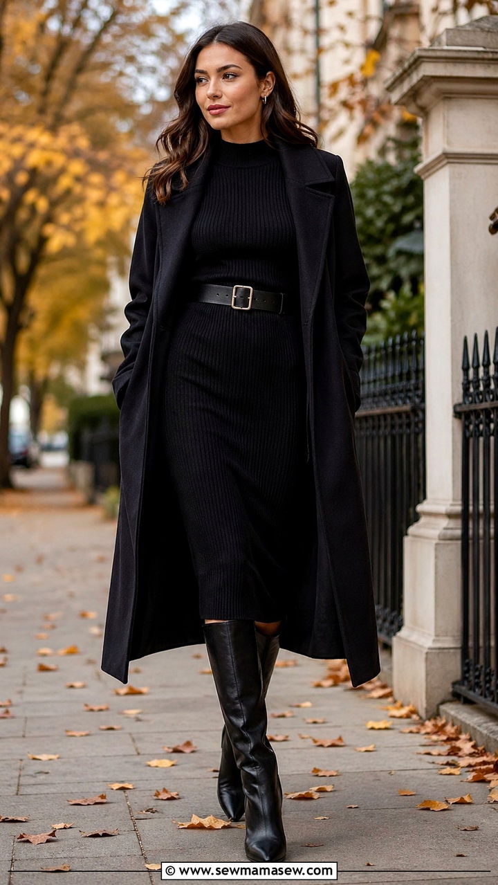 Black Midi Dress with Tall Boots Outfit - 40 All black outfit ideas