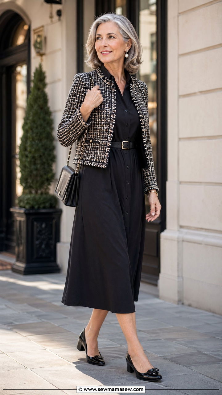 Black Midi Shirt Dress with Tweed Jacket and Belted Waist - 35 What to wear in spring for women over 50