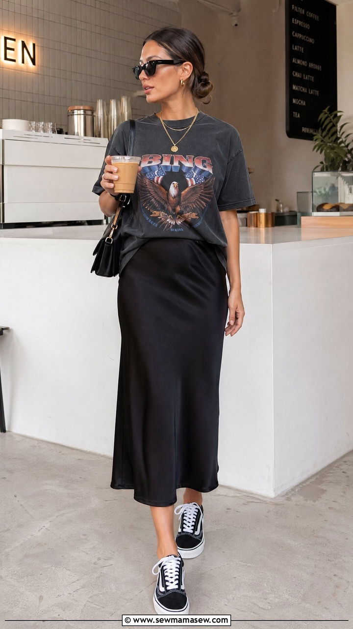 Black Midi Skirt With Graphic Tee - 35 Spring outfits in black