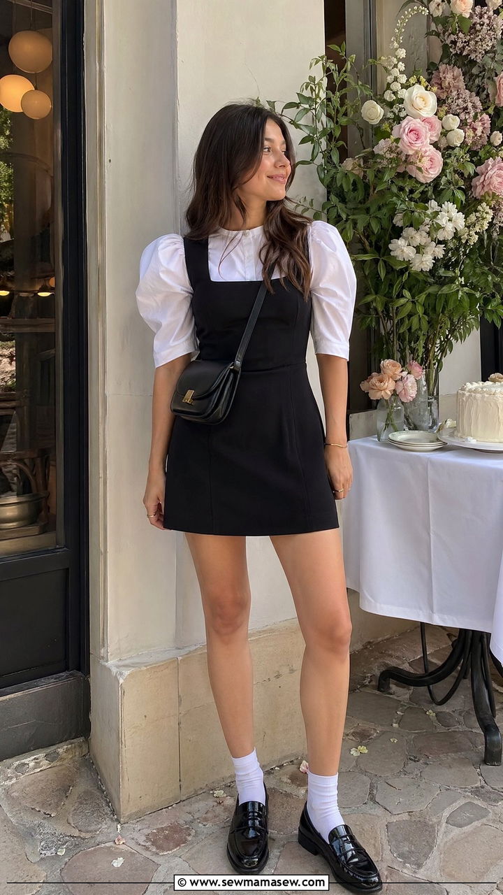 Black Mini Dress and White Puff Sleeve Blouse Spring Birthday - 35 Spring birthday outfit ideas