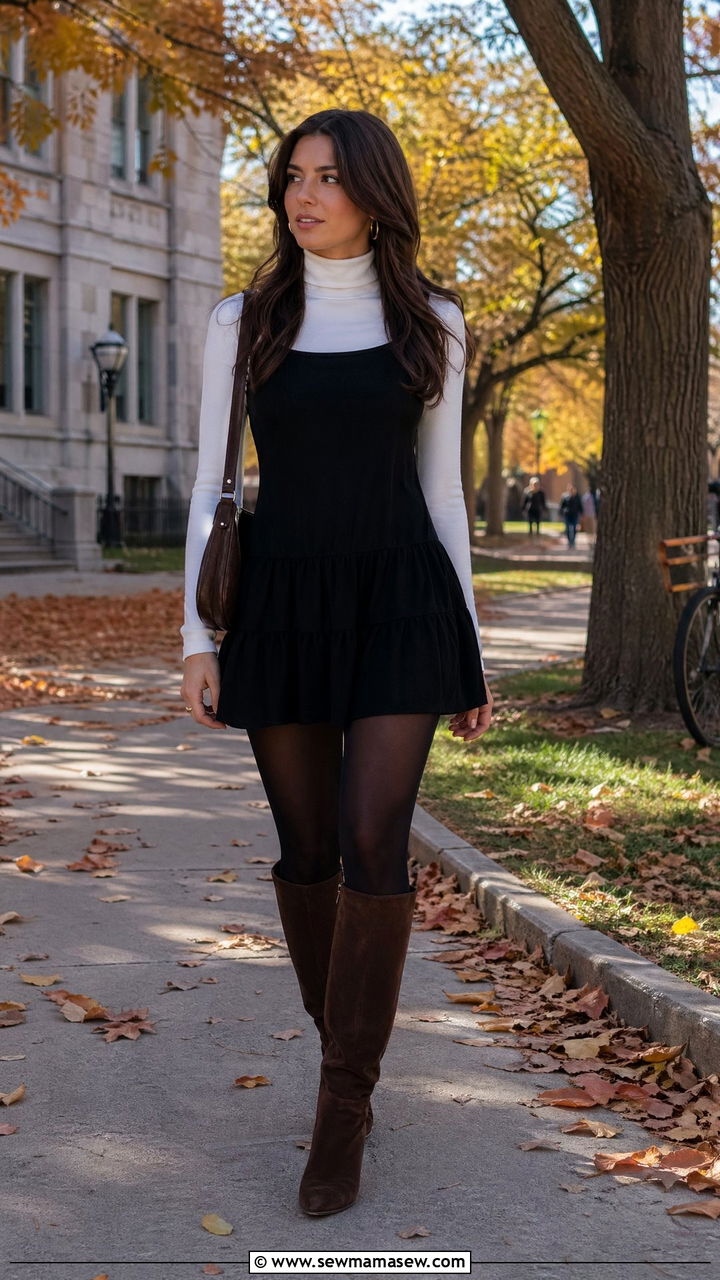 Black Mini Dress with High Neck Top and Knee Boots - 35 college outfits ideas