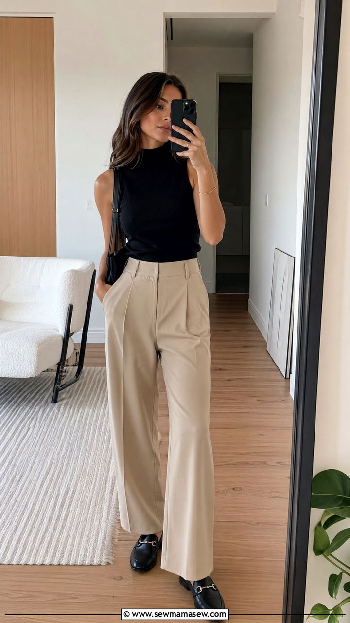 Black Mock Neck Top With Beige Tailored Trousers and Loafers - 35 Clean girl casual outfit ideas