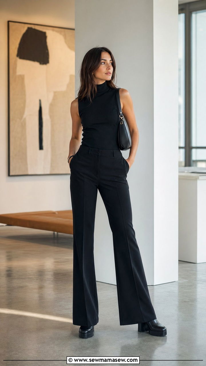 Black Mock Neck Top with Flared Pants - 30 Black outfit ideas for work