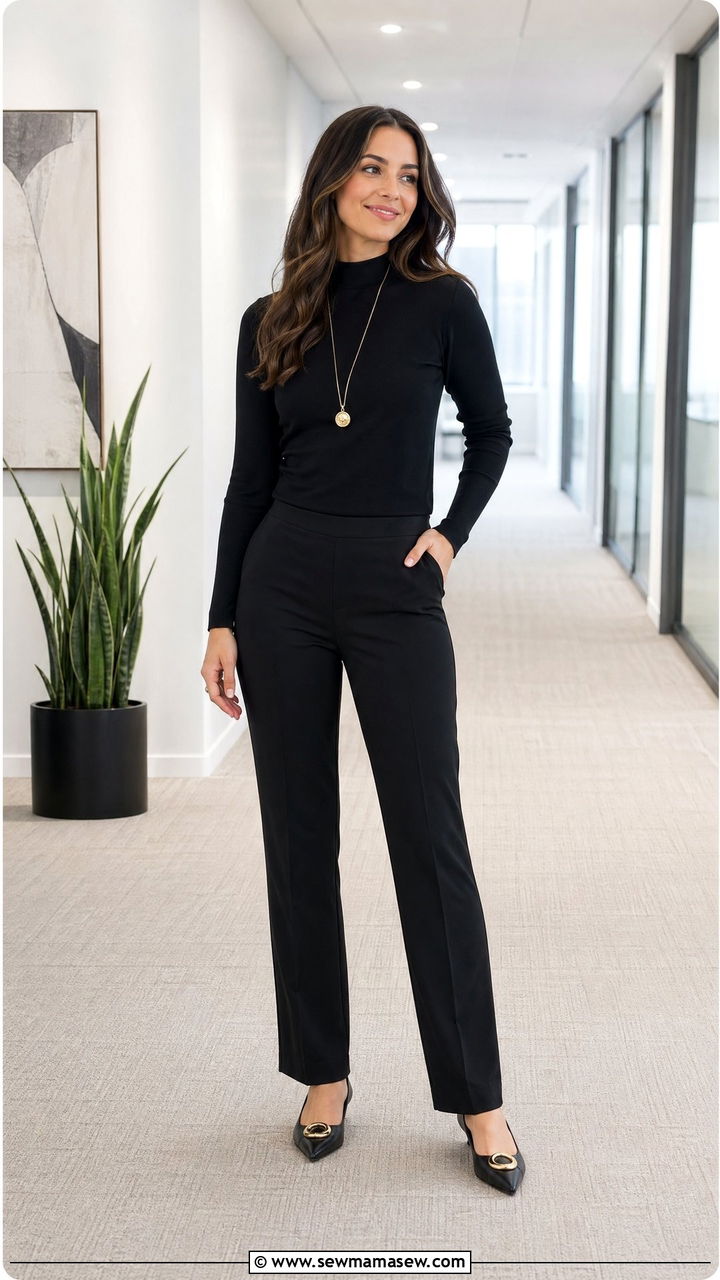Black Mock Neck Top with Pull On Dress Pants and Pointed Flats - 35 cute office outfits