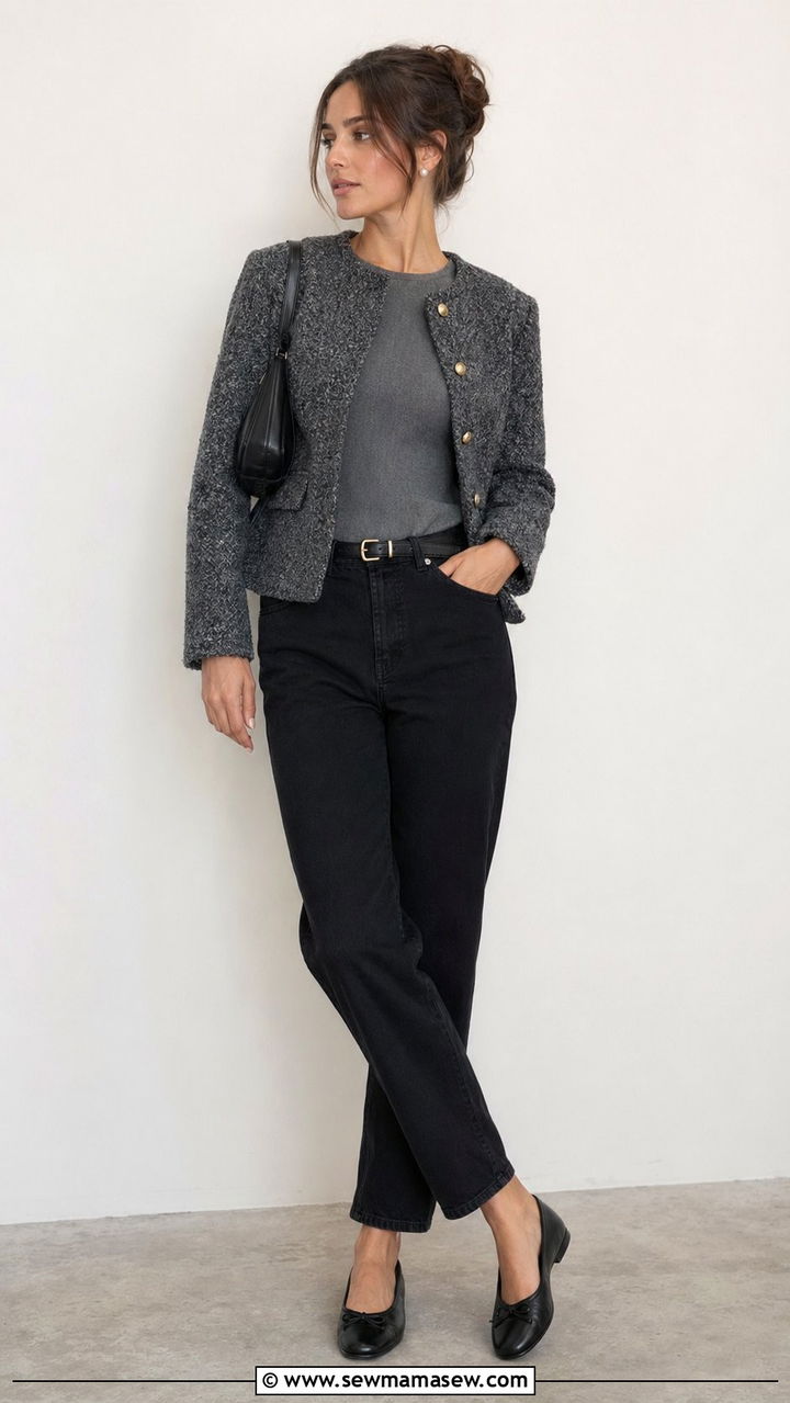 Black Mom Jeans with Grey Tweed Jacket - 35 professional outfit ideas for women