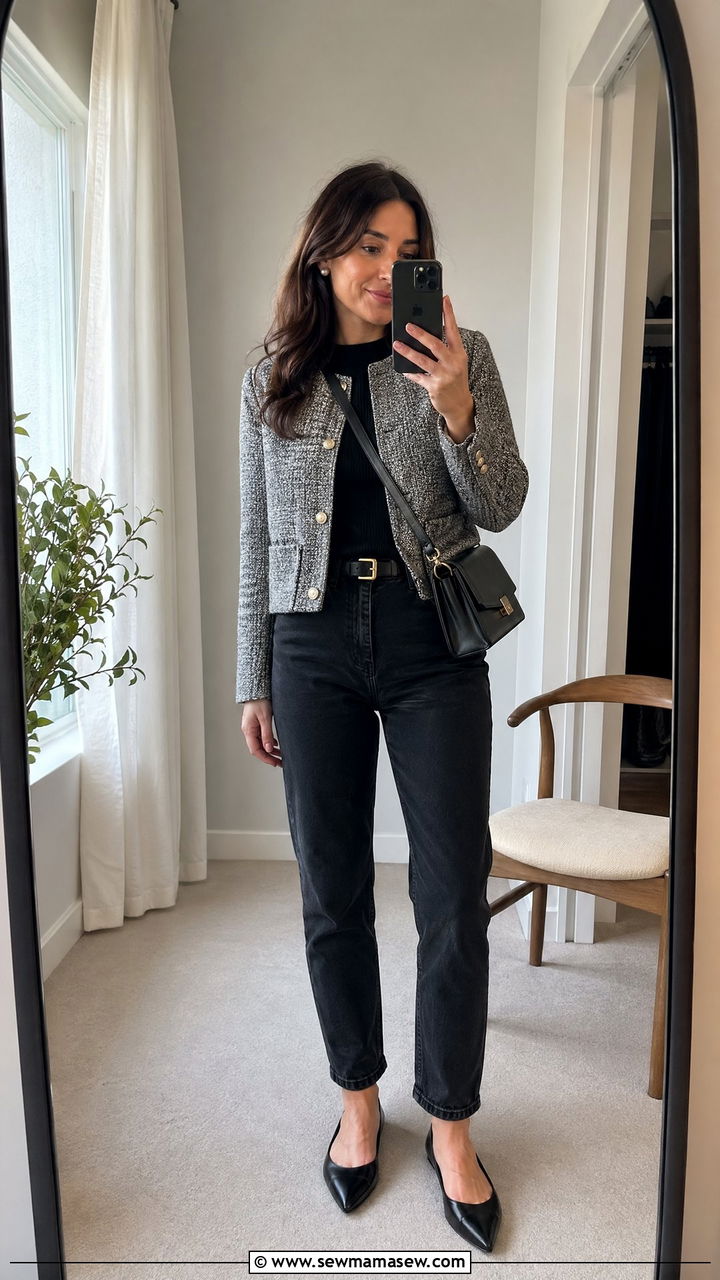 Black Mom Jeans with Grey Tweed Jacket - 35 cute business casual outfits