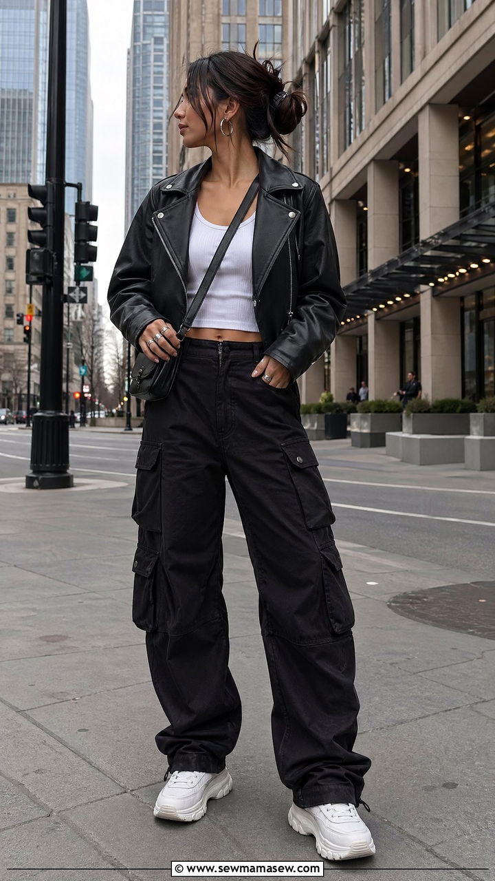 Black Moto Jacket With Cargo Pants - 35 Spring outfits in black