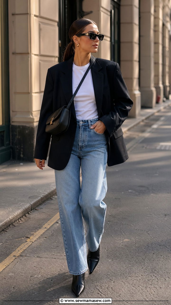 Black Oversized Blazer With White Tee and Relaxed Denim - 35 Clean girl outfit ideas 2026