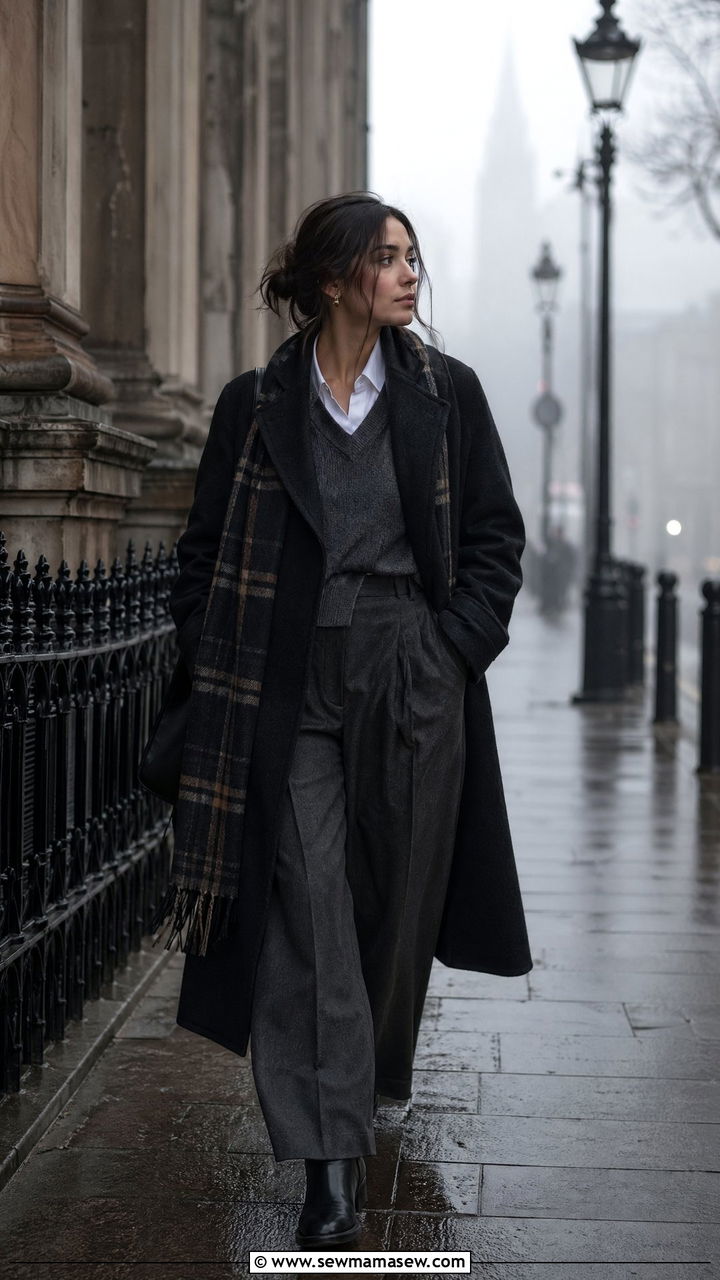 Black Oversized Coat and Sweater Vest with Wool Trousers - 35 dark academia outfits