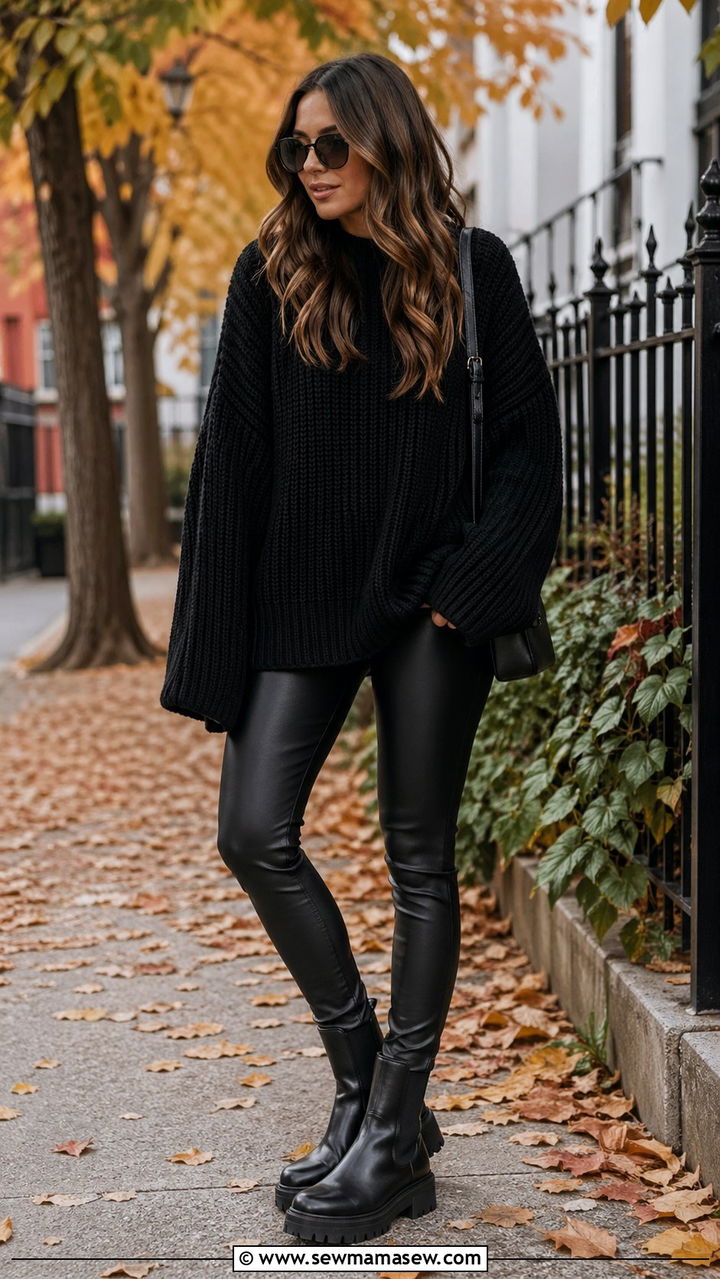 Black Oversized Sweater with Leather Leggings Outfit - 40 All black outfit ideas