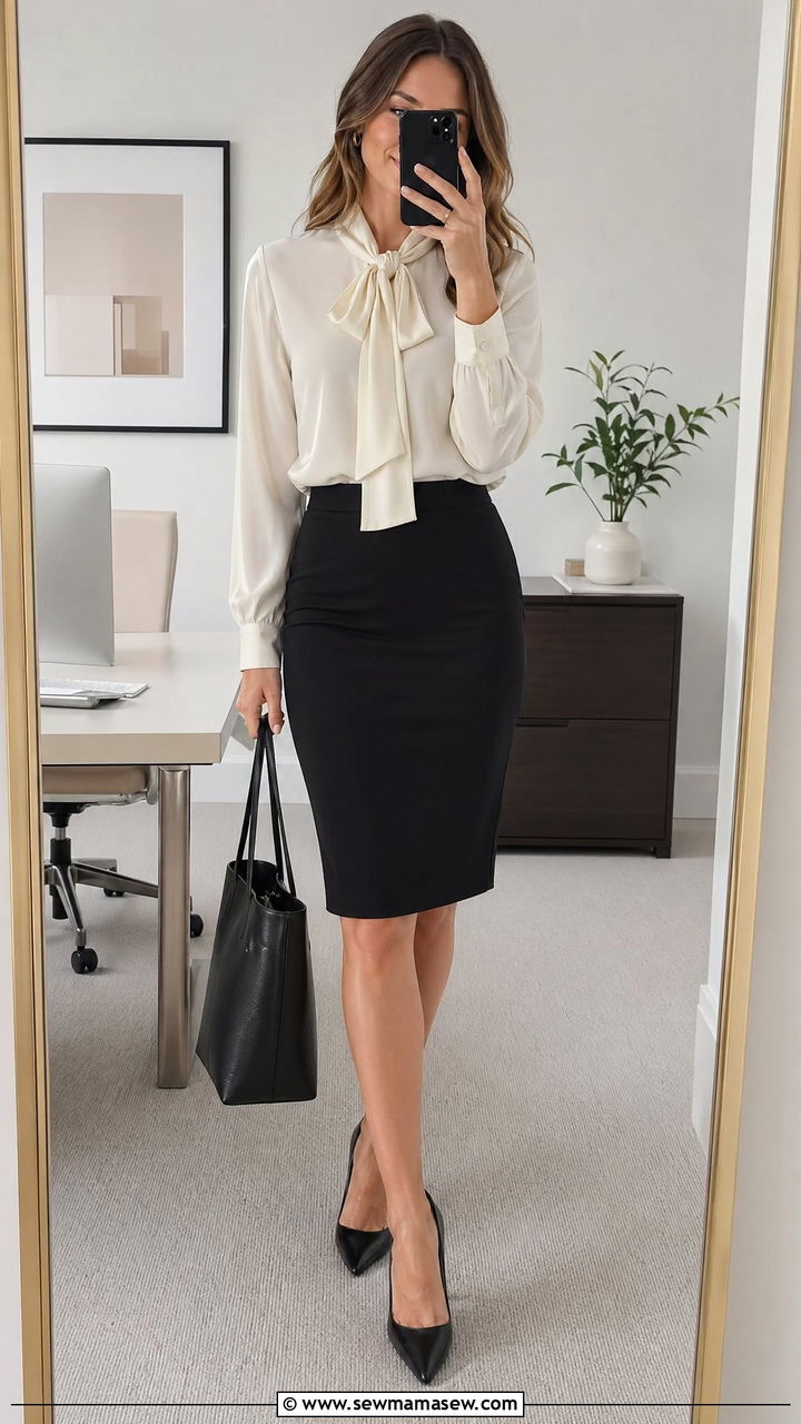 Black Pencil Skirt With Silk Blouse And Pointed Pumps - 35 Classic business casual outfits
