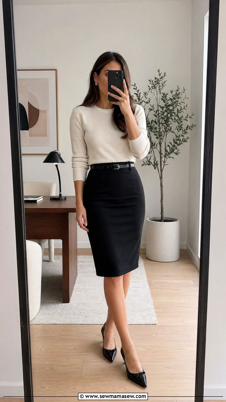 Black Pencil Skirt with a Soft Knit Top and Pointed Toe Kitten Heels - 35 workwear outfit ideas for women
