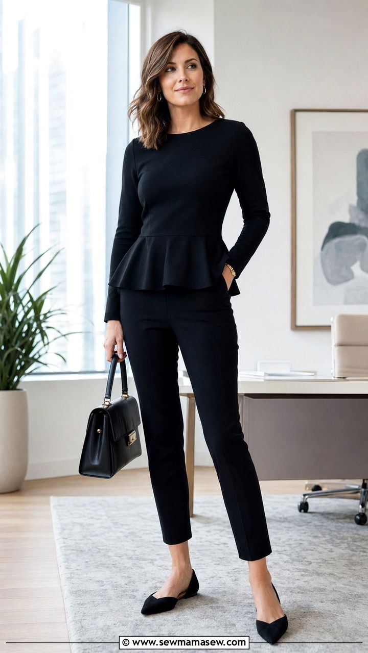 Black Peplum Top with Ankle Trousers - 30 Black outfit ideas for work