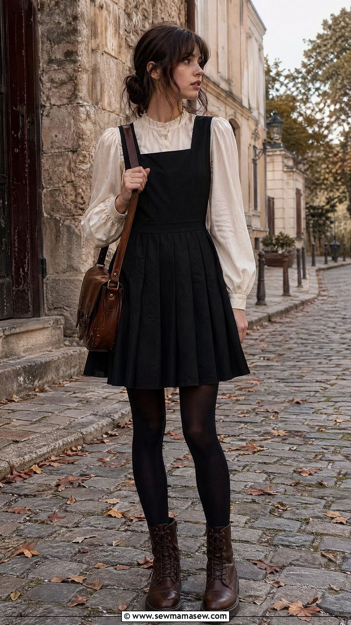 Black Pinafore Dress and Puff Sleeve Shirt with Combat Boots - 35 dark academia outfits