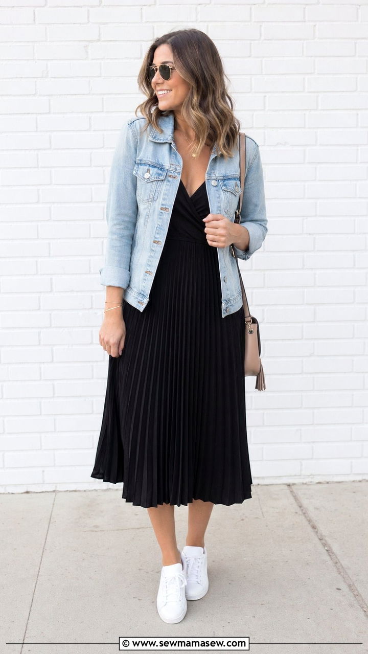 Black Pleated Midi Dress With White Sneakers And Denim Jacket - 30 Black dress outfit ideas for wedding guest