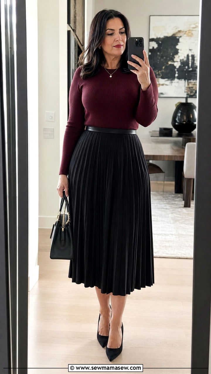 Black Pleated Midi Skirt With Fitted Top And Pumps - 35 Plus size outfit ideas for women over 40