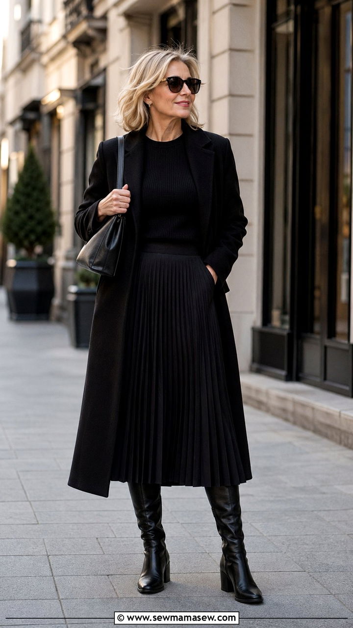 Black Pleated Midi Skirt With Knee High Boots - 30 Best skirts for women over 50