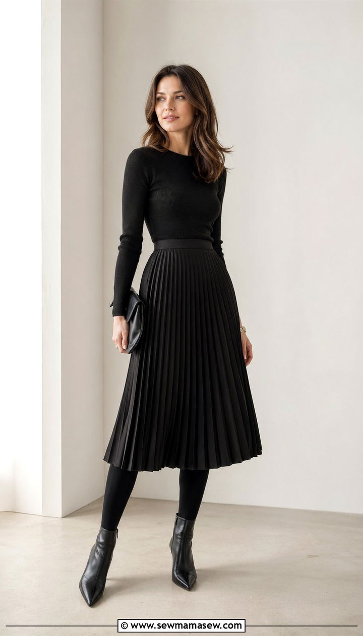 Black Pleated Skirt with Fitted Top - 30 Black outfit ideas for work