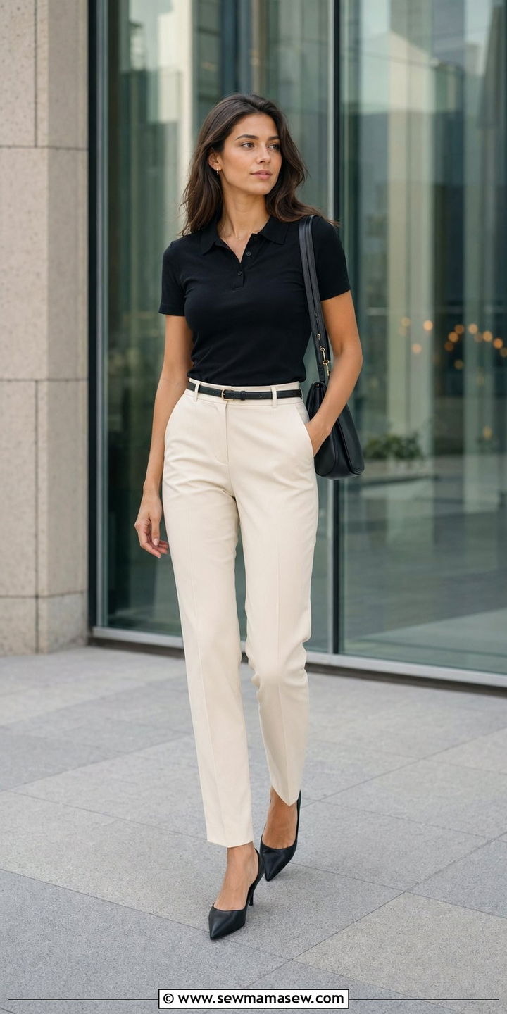 Black Polo Shirt with Tailored Trousers - 35 Polo shirt outfit ideas for women