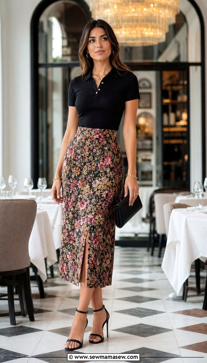 Black Polo Shirt with a Printed Midi Skirt - 35 Polo shirt outfit ideas for women