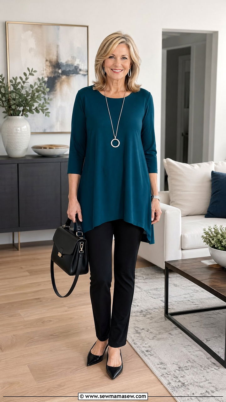Black Ponte Pants With A Tunic Top Outfit For Women Over 50 - 35 Casual outfits for women over 50