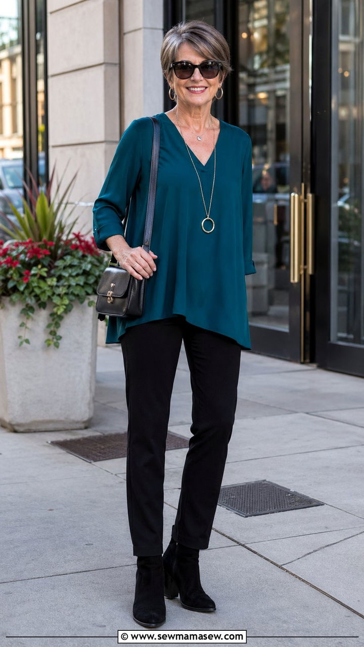 Black Ponte Pants with a Flowy Tunic and Ankle Boots - 35 Petite outfit ideas for women over 50