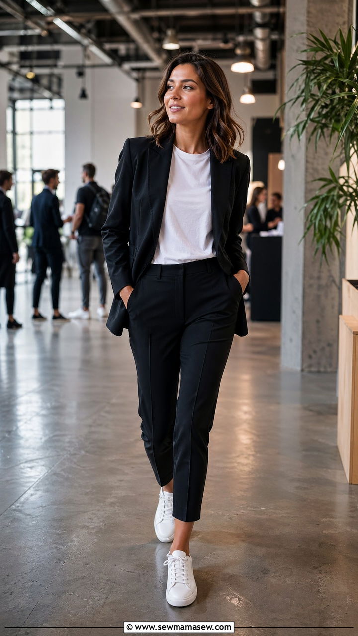 Black Power Suit With White Kicks - 35 Conference outfit ideas