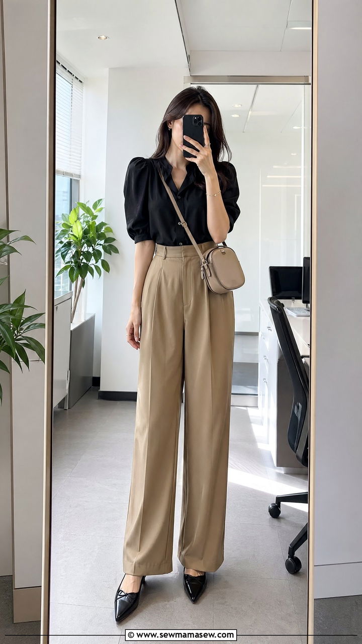 Black Puff Sleeve Blouse with Khaki Wide Leg Pants - 35 what to wear to the office