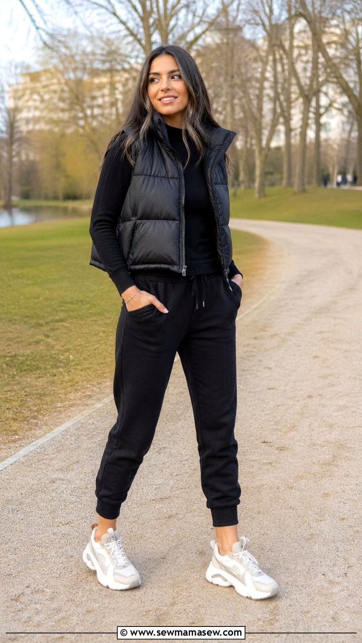 Black Puffer Vest with Joggers Outfit - 40 All black outfit ideas