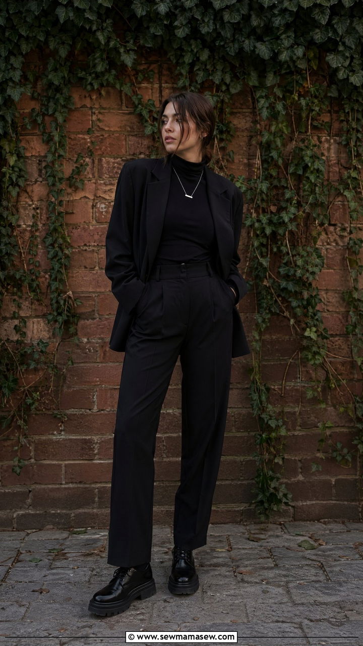 Black Relaxed Suit Outfit With Turtleneck And Platform Oxfords - 35 Dark academia outfit ideas