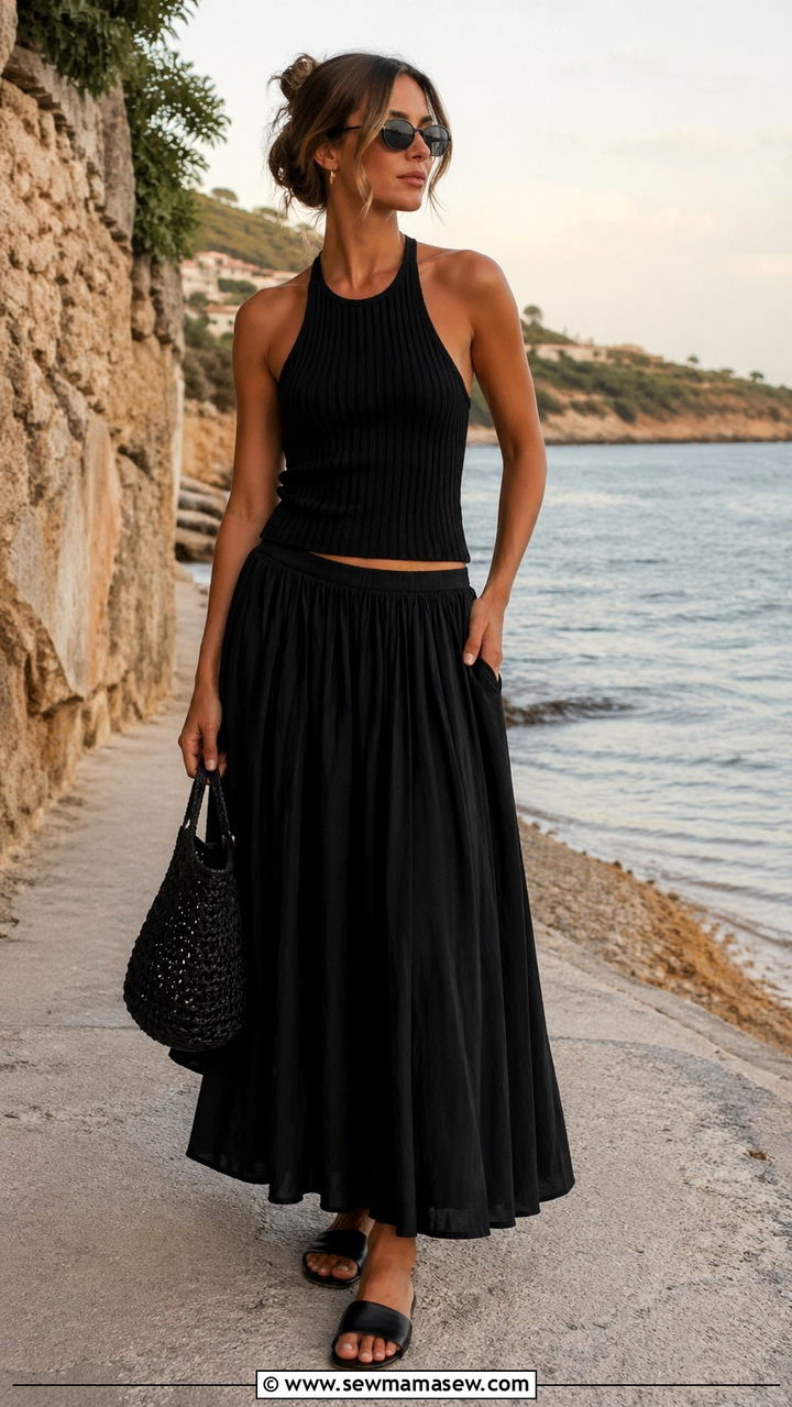 Black Ribbed Halter Top with Maxi Skirt Outfit - 40 All black outfit ideas